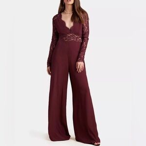 Lovers + Friends Justine Burgundy Long Sleeve Lace Inset Open Back Jumpsuit Sz M